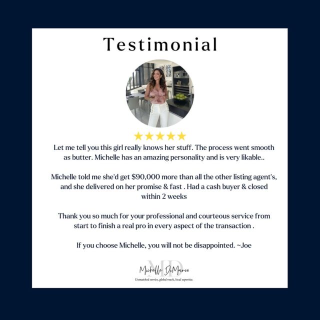 Thank you to my client Joe for leaving me a Google review! Always here to help you whether you’re buying, selling, renting or investing.

📱 (561) 715-9601⁠
💻️ michelledimarco.com⁠
📧 mdimarco@onesothebysrealty.com⁠
⁠
𝘜𝘯𝘮𝘢𝘵𝘤𝘩𝘦𝘥 𝘴𝘦𝘳𝘷𝘪𝘤𝘦, 𝘨𝘭𝘰𝘣𝘢𝘭 𝘳𝘦𝘢𝘤𝘩, 𝘭𝘰𝘤𝘢𝘭 𝘦𝘹𝘱𝘦𝘳𝘵𝘪𝘴𝘦⁠